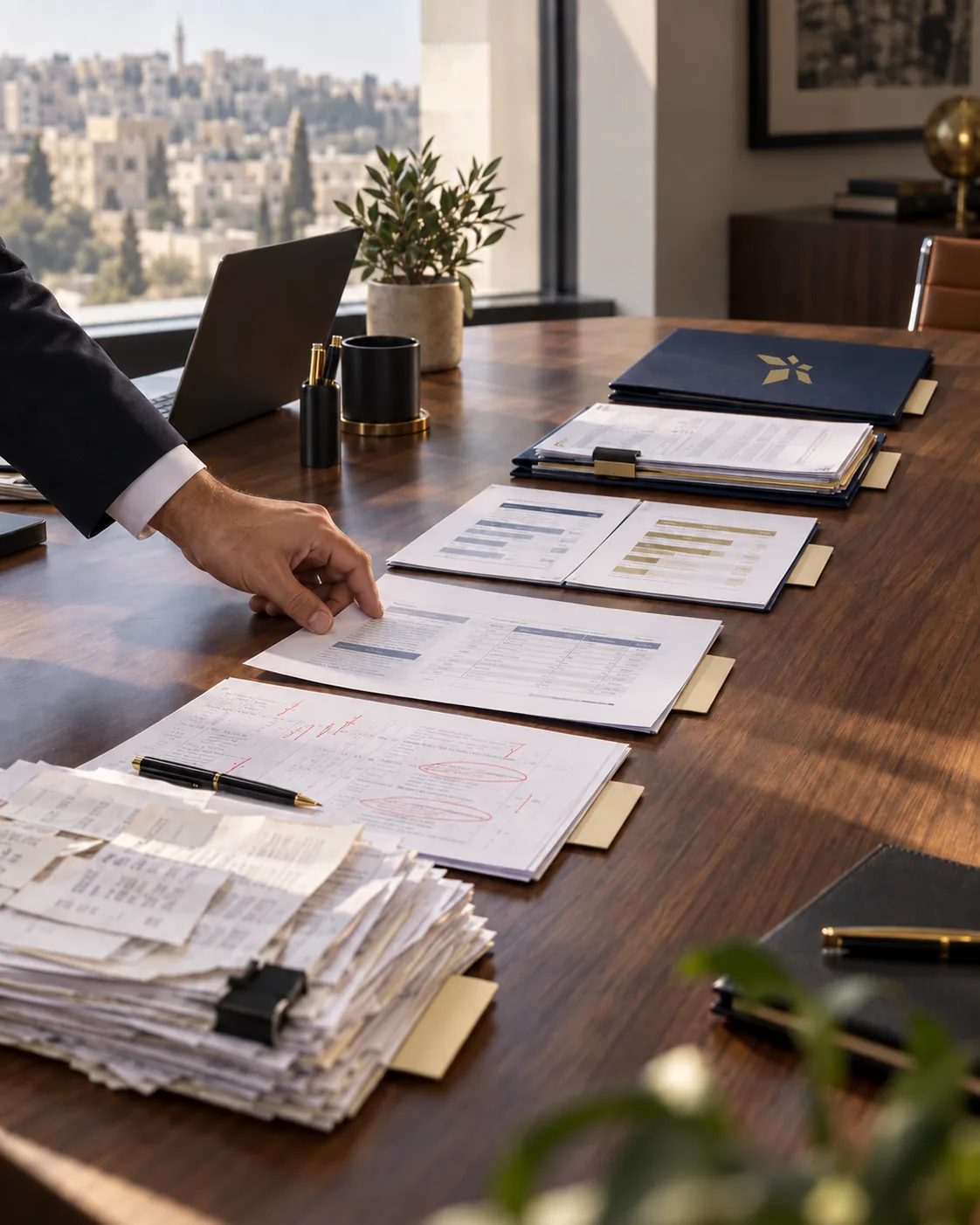يد مديرة تنتقي مستندًا من على مكتب إداري أنيق إلى جوار ملف أزرق بعلامة الريادة الذهبية